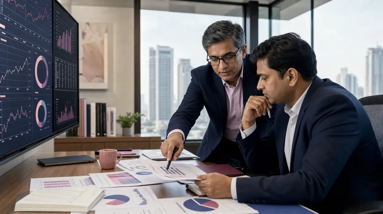Indian fund-management professionals evaluating portfolio holdings and risk in a Mumbai investment office