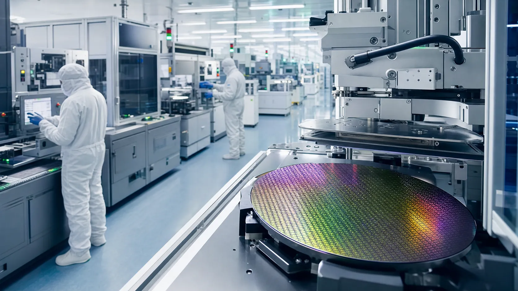 Engineers working inside a modern semiconductor manufacturing facility