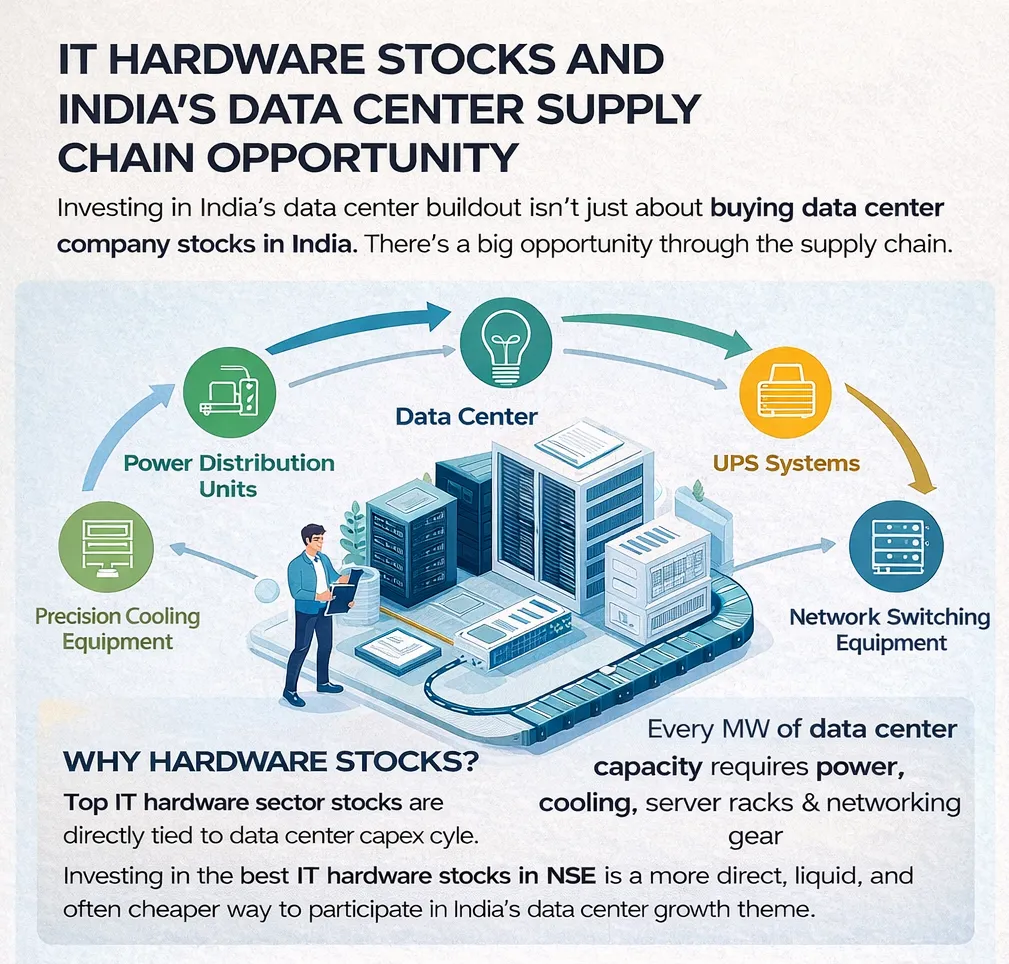 Illustration of India’s data center supply chain showing components like power distribution units, precision cooling equipment, UPS systems, and network switching, emphasizing investment opportunities in IT hardware stocks linked to data center growth.