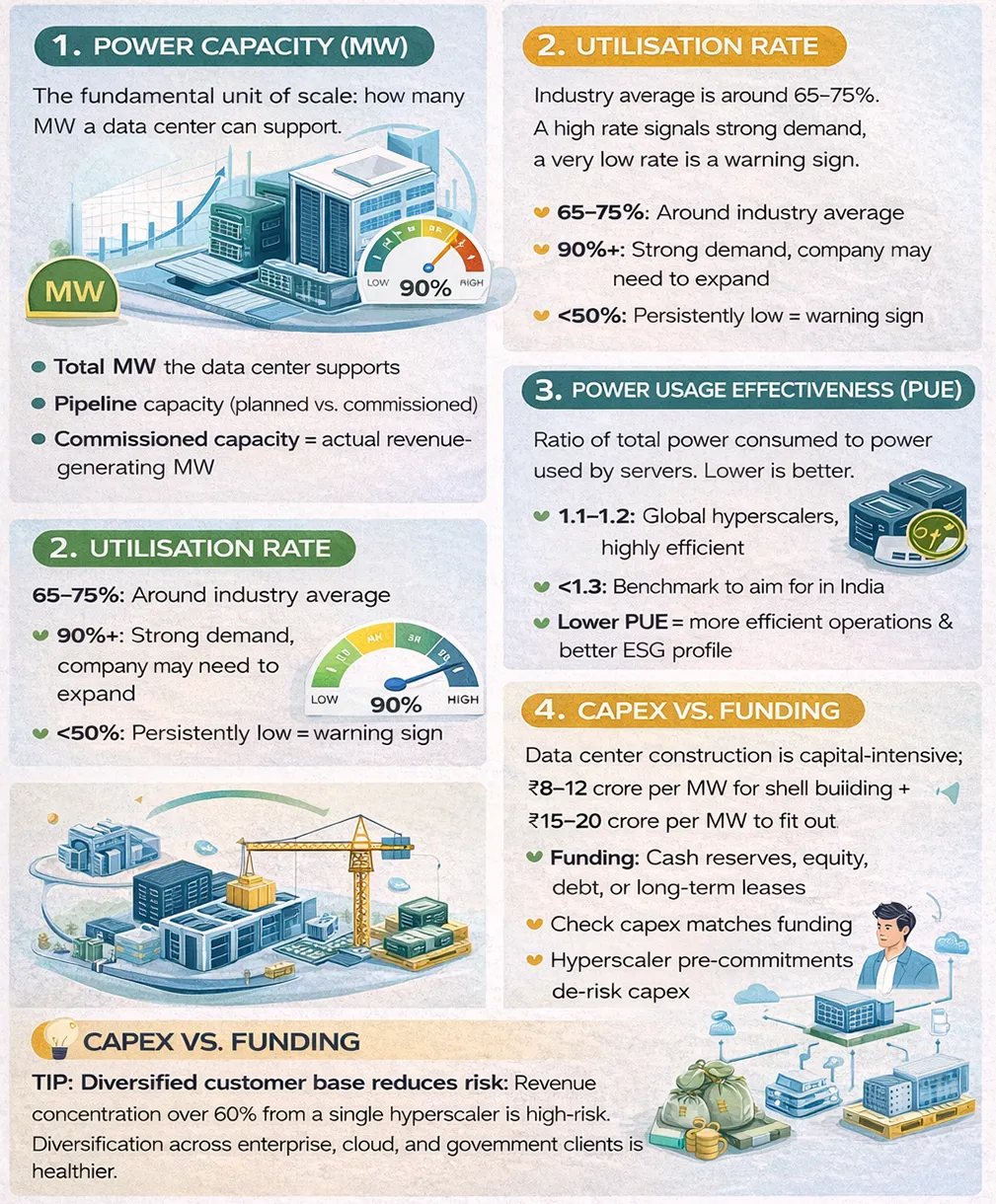 Infographic detailing data center evaluation metrics including power capacity in megawatts, utilisation rates, power usage effectiveness (PUE), and capex versus funding, with benchmarks and indicators for performance and efficiency.