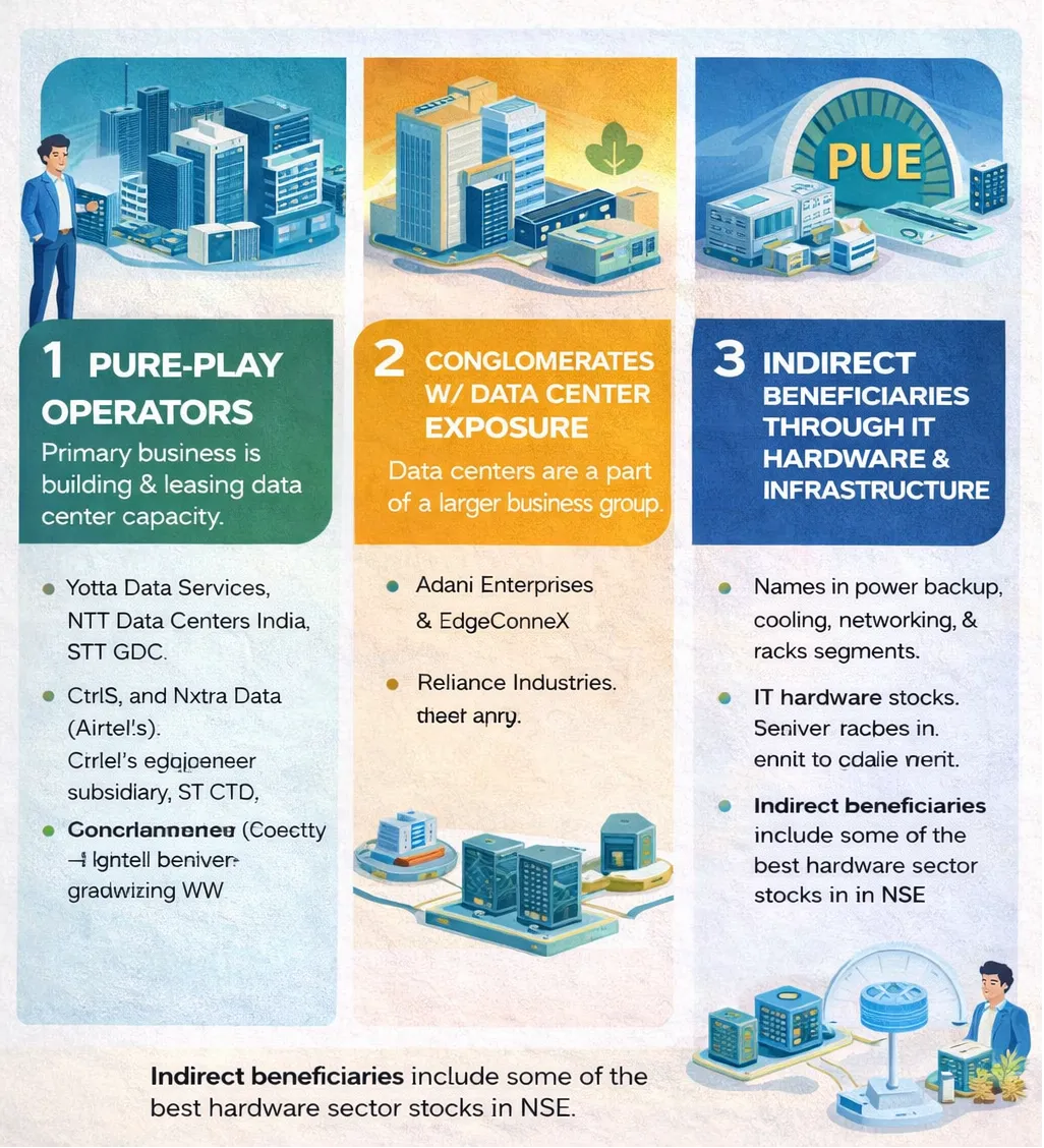 Infographic showing three types of data center investment opportunities in India: pure-play operators building and leasing capacity, conglomerates with data center exposure like Reliance and Adani, and indirect beneficiaries through IT hardware and infrastructure.