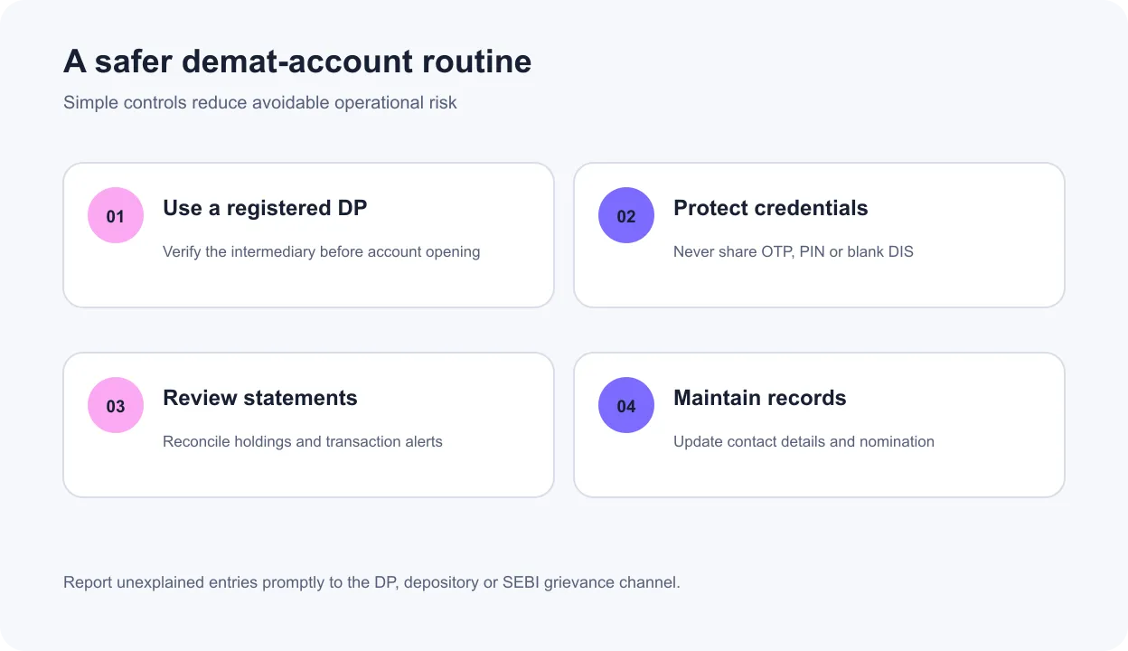 Four-part demat account safety checklist for registered DP, credentials, statements and records