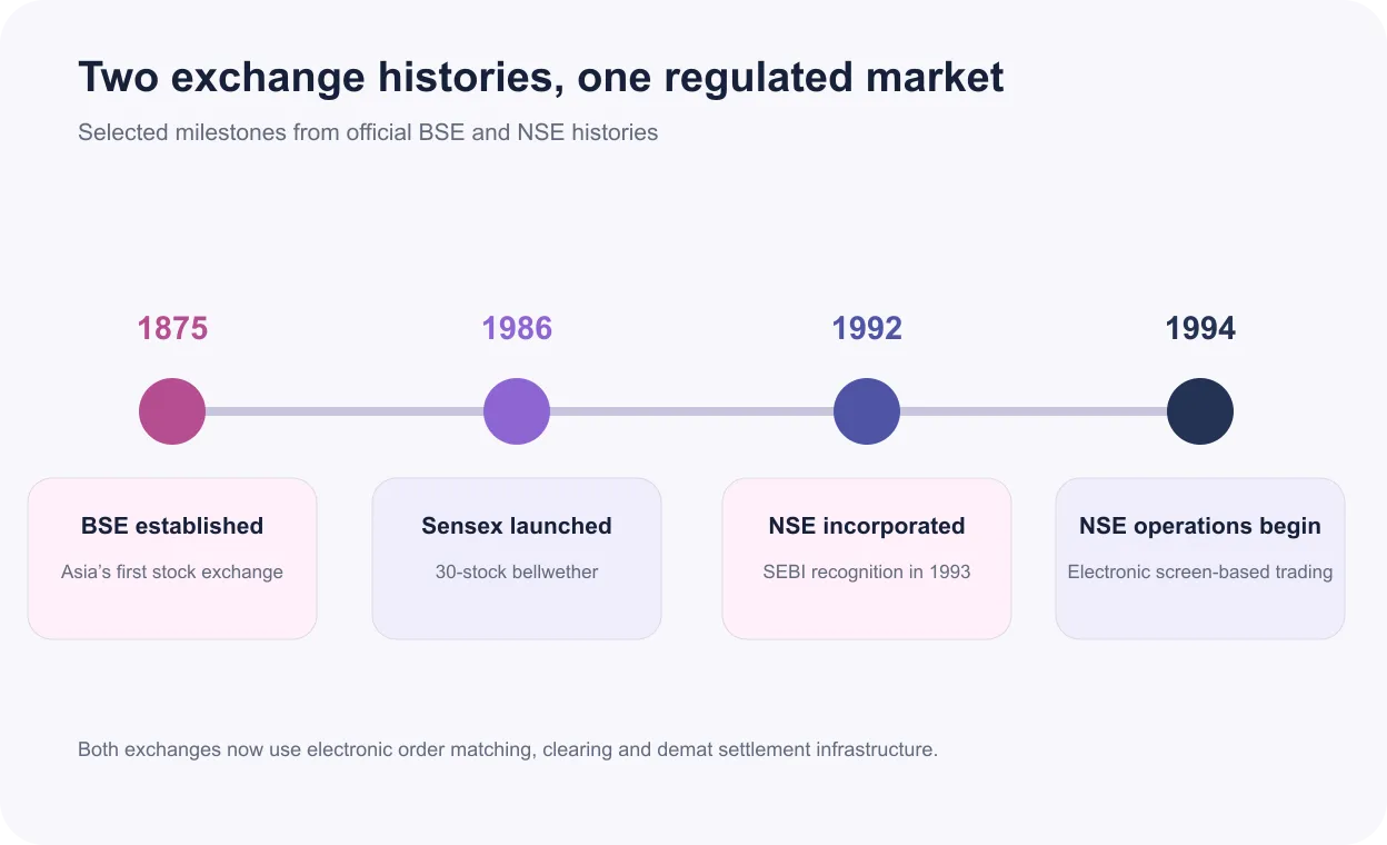 Timeline of BSE and NSE milestones from BSE's 1875 establishment to NSE's 1994 electronic operations