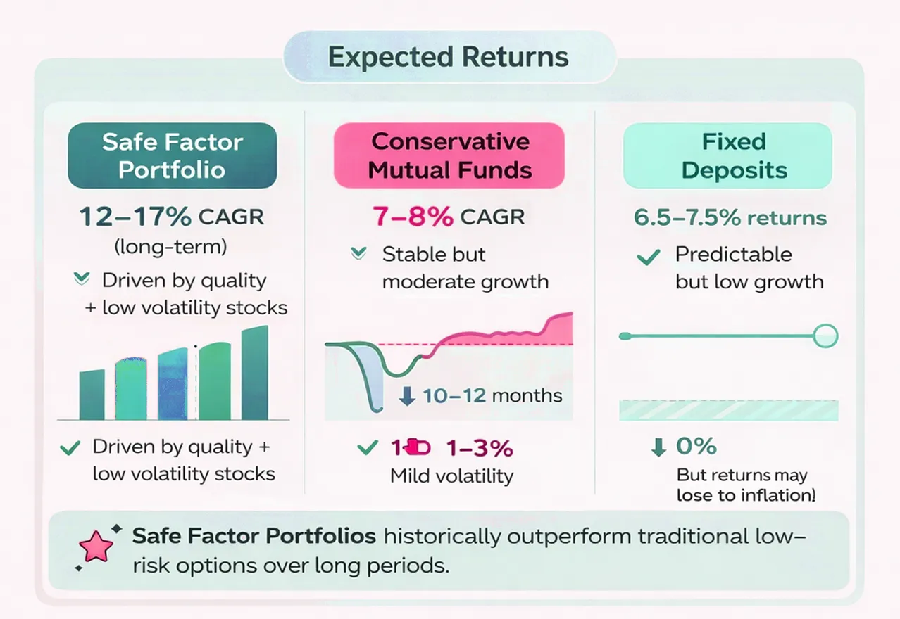 A three-column infographic comparing expected returns from Safe Factor Portfolios, Conservative Mutual Funds, and Fixed Deposits.