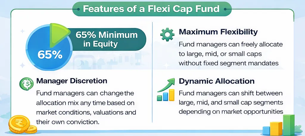 Infographic highlighting flexi cap fund features, including 65 percent minimum equity allocation, manager discretion, dynamic allocation, and flexibility across large, mid, and small-cap stocks.