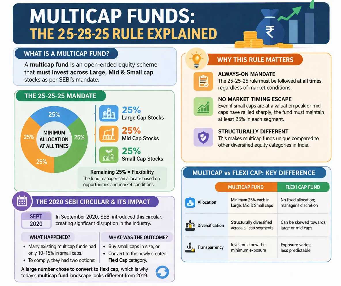 Infographic explaining multicap mutual fund rules showing mandatory 25 percent allocation to large, mid, and small cap stocks, along with key differences from flexi cap funds and SEBI guidelines.