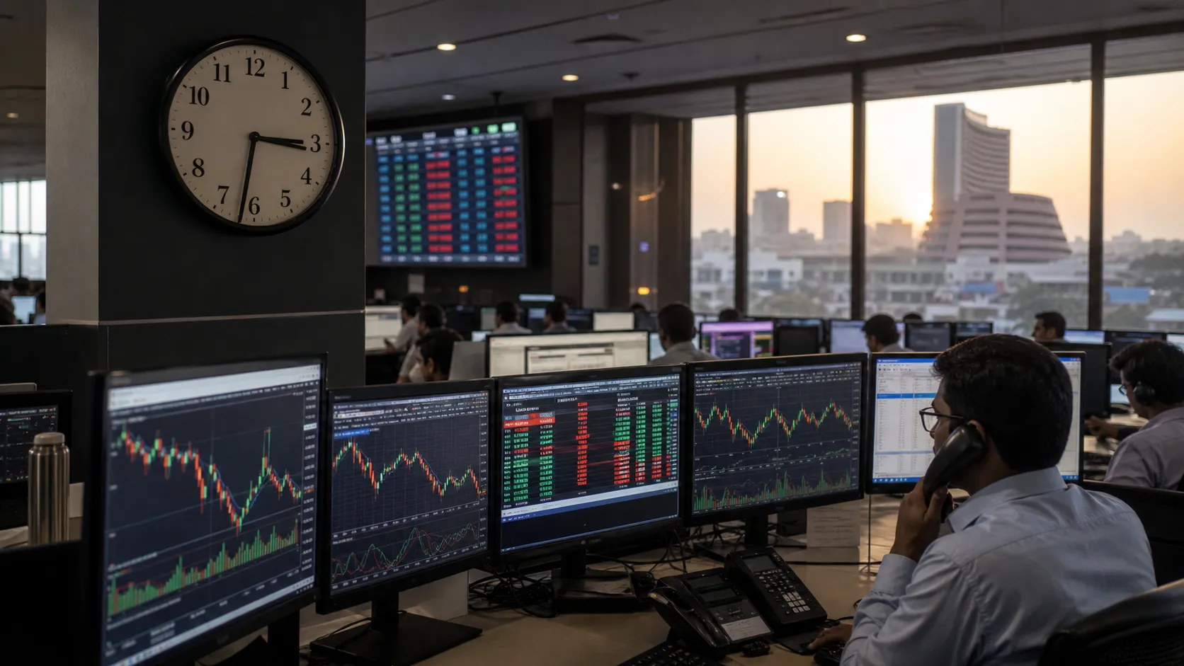 Indian market participants monitoring equity prices near the closing bell