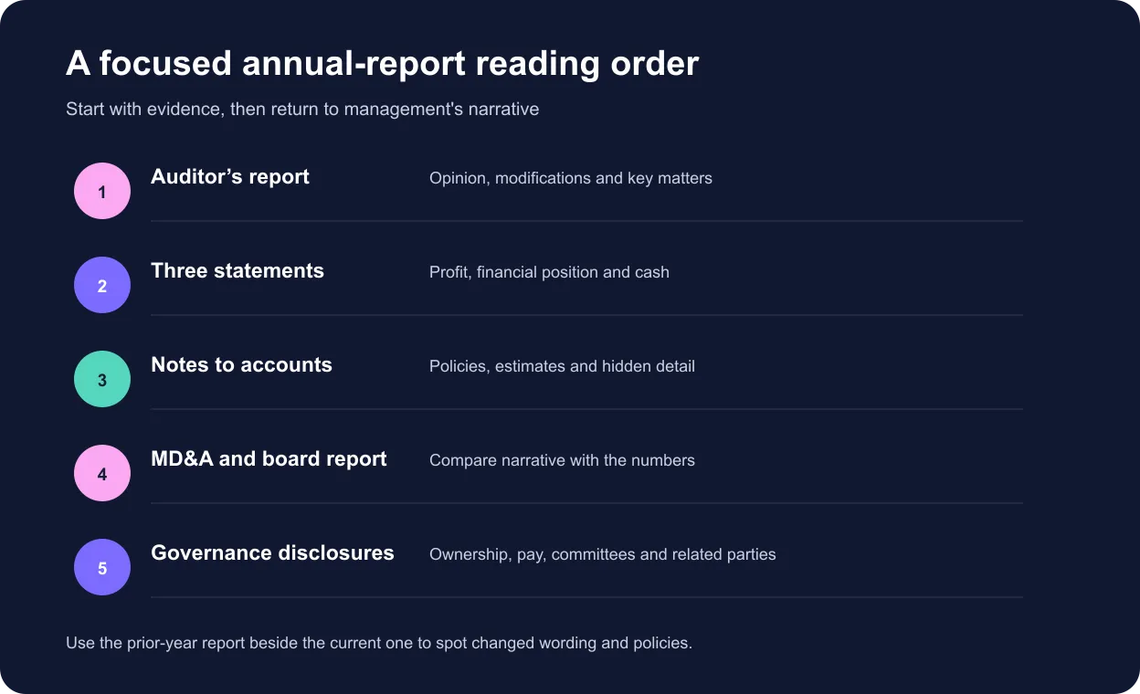 Five-step annual report reading order from auditor opinion to governance disclosures