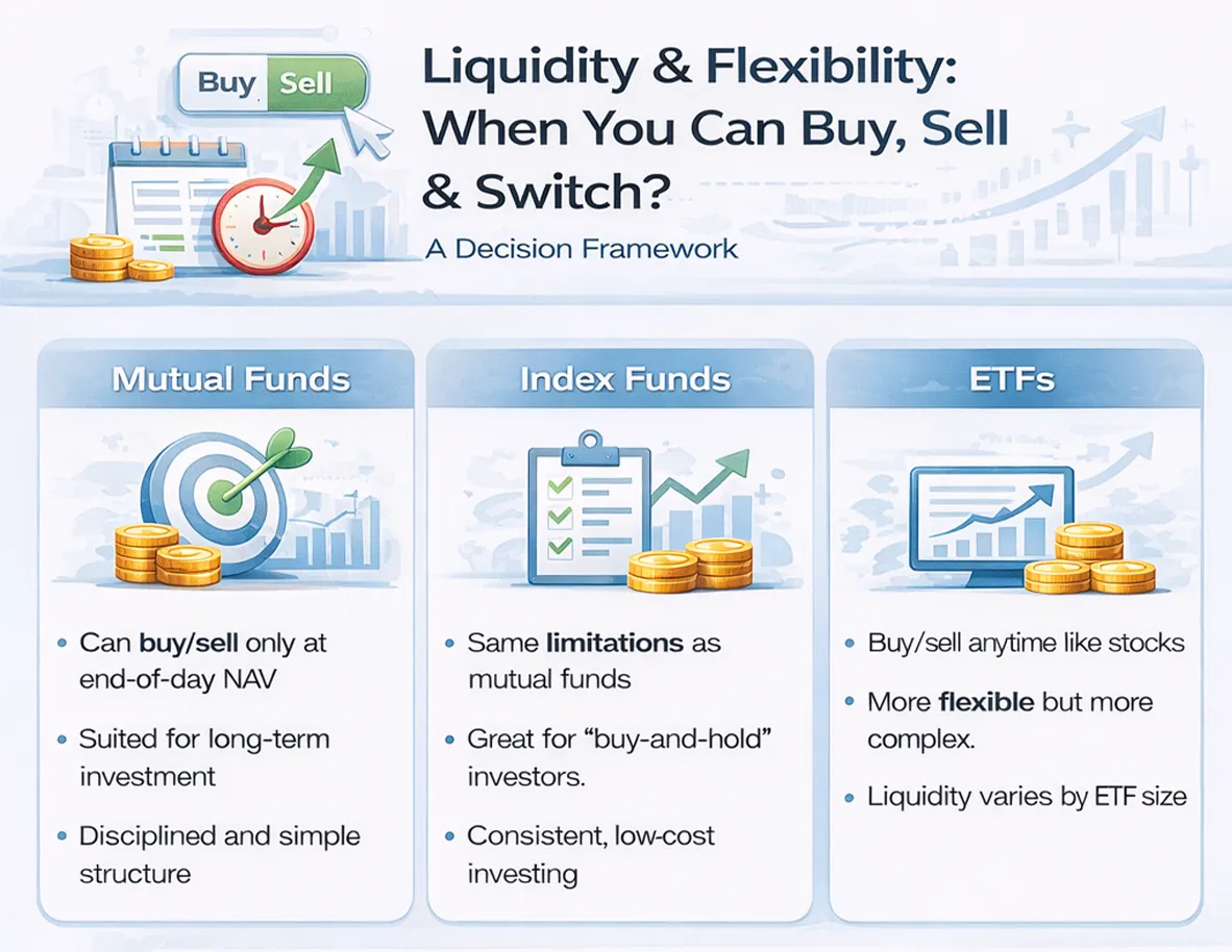 Infographic comparing liquidity of mutual funds, index funds, and ETFs, showing that mutual and index funds trade at end-of-day NAV while ETFs can be bought and sold anytime like stocks, offering more flexibility but varying liquidity.