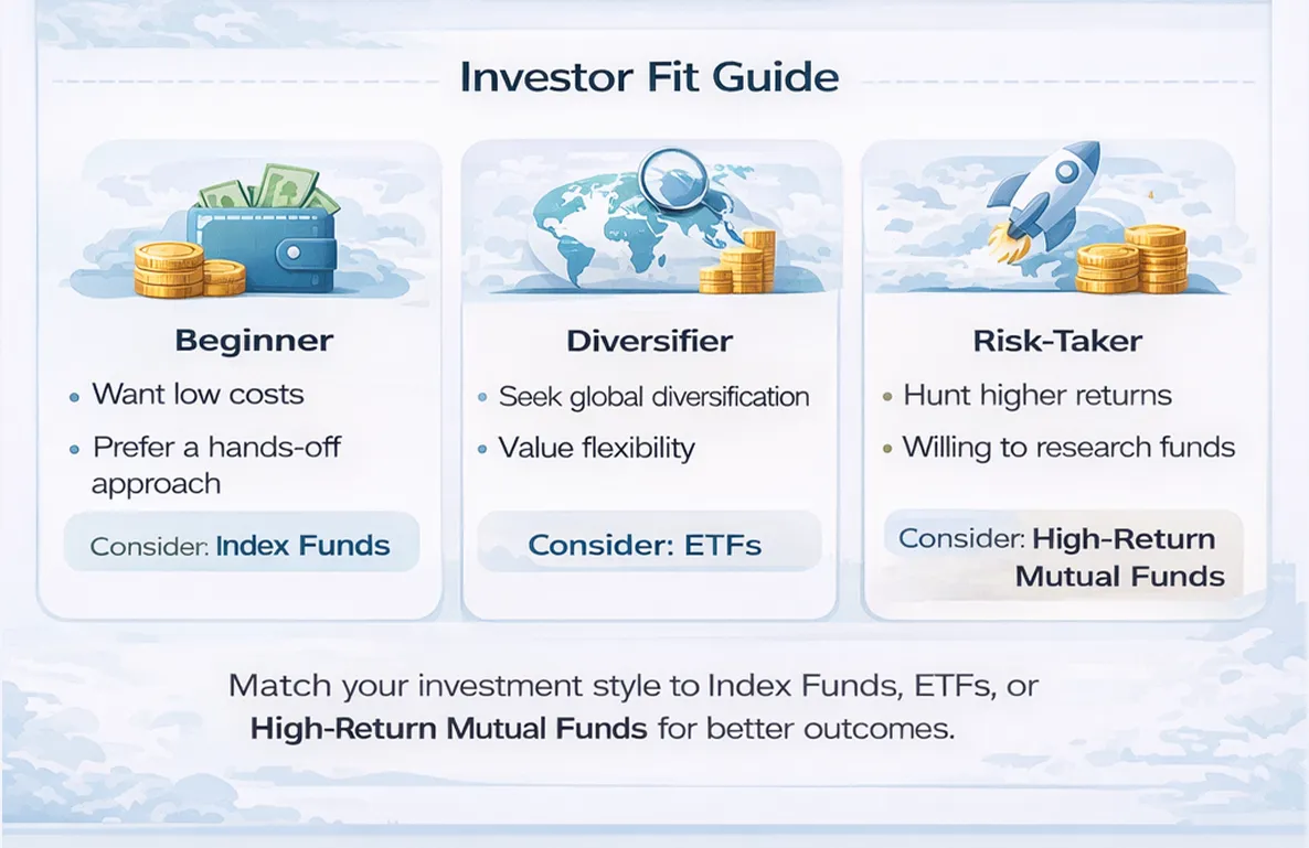 Infographic showing which investment suits different investors: beginners prefer index funds, diversifiers choose ETFs, and risk-takers consider high-return mutual funds.
