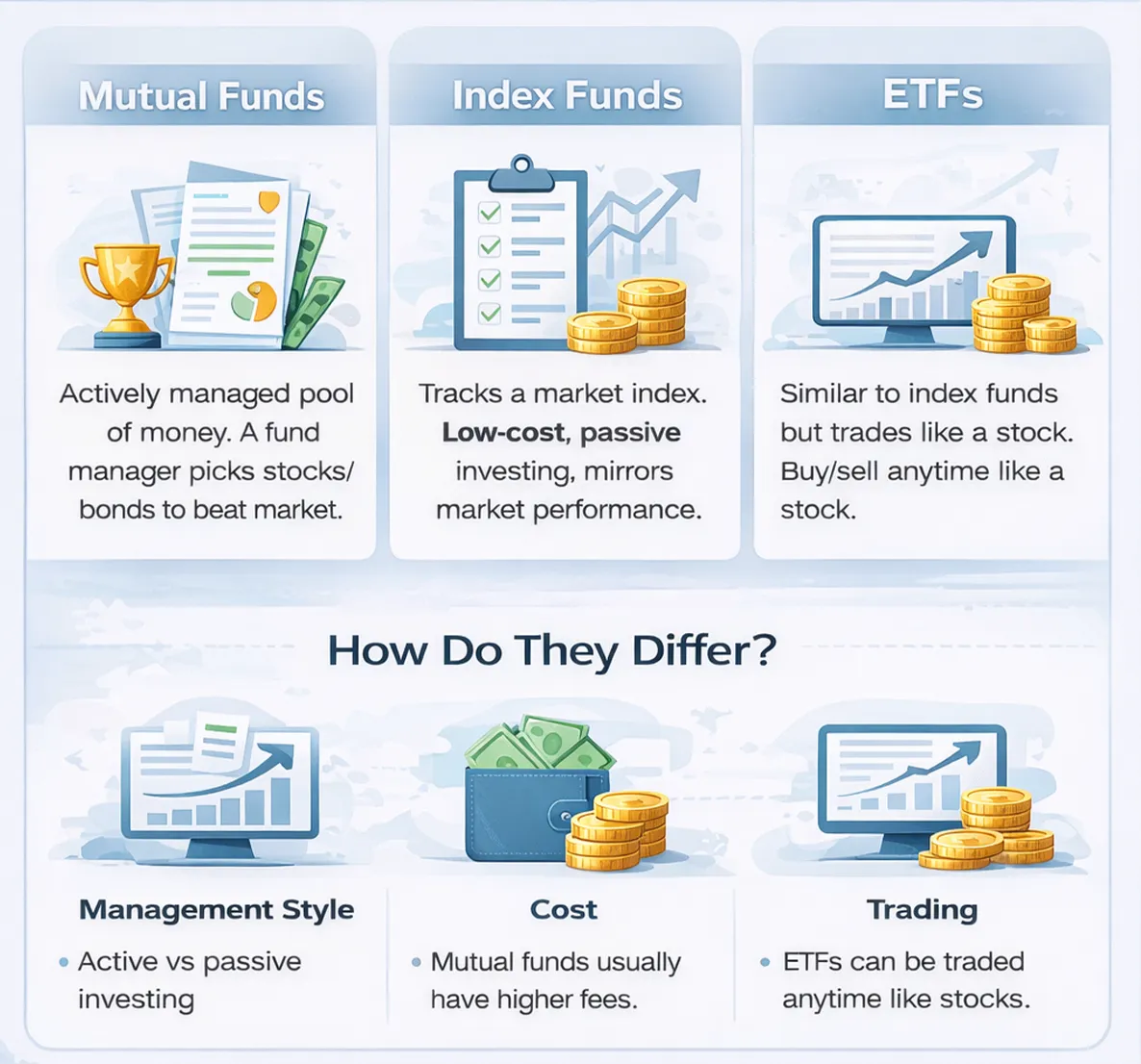 Infographic comparing mutual funds, index funds, and ETFs based on management style, cost, and trading flexibility, showing active vs passive investing and highlighting that ETFs trade like stocks.