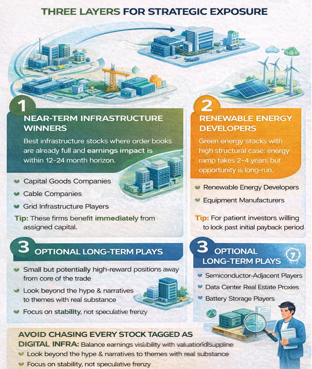 Infographic outlining three investment layers in data center growth: near-term infrastructure winners, renewable energy developers for long-term power needs, and optional long-term plays like semiconductor, real estate, and battery storage companies.