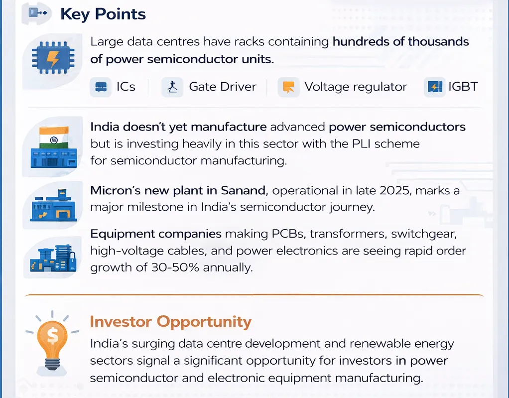 Power Semiconductor Market in India – Key Insights and Investor Opportunities Infographic highlighting key points about power semiconductors, India’s manufacturing landscape, and investor opportunities in data centers and electronics