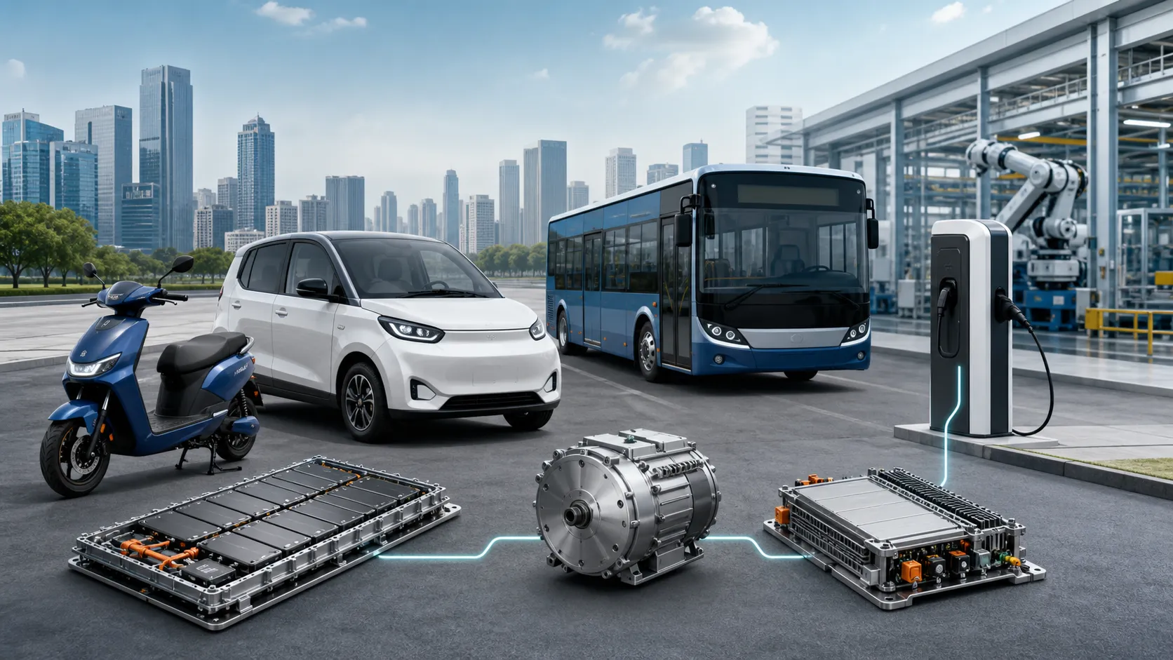 India's electric mobility value chain, including two-wheelers, cars, buses, charging and key EV components
