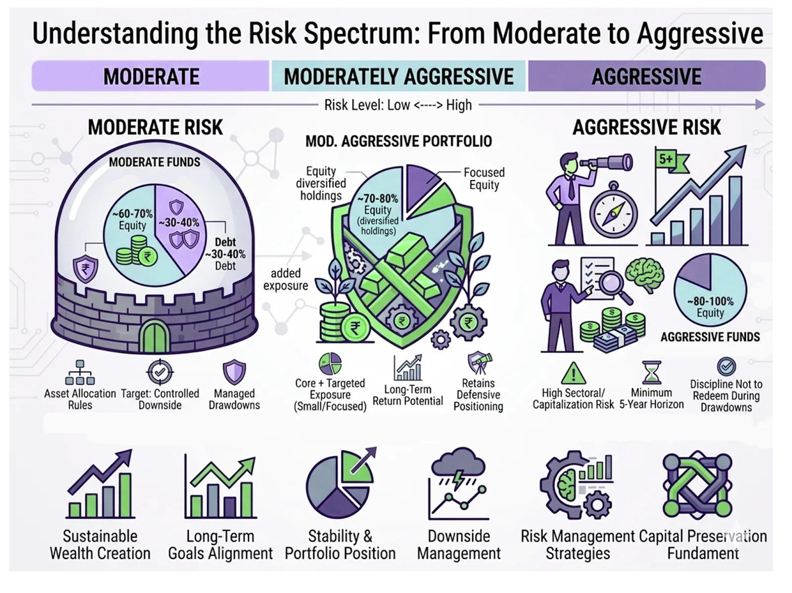 Risk spectrum infographic comparing moderate, moderately aggressive, and aggressive portfolio allocations from 60% to 100% equity exposure