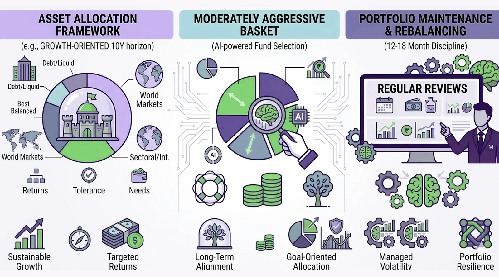 Three-column framework showing asset allocation strategy, AI-driven moderately aggressive investment basket, and portfolio maintenance with regular reviews