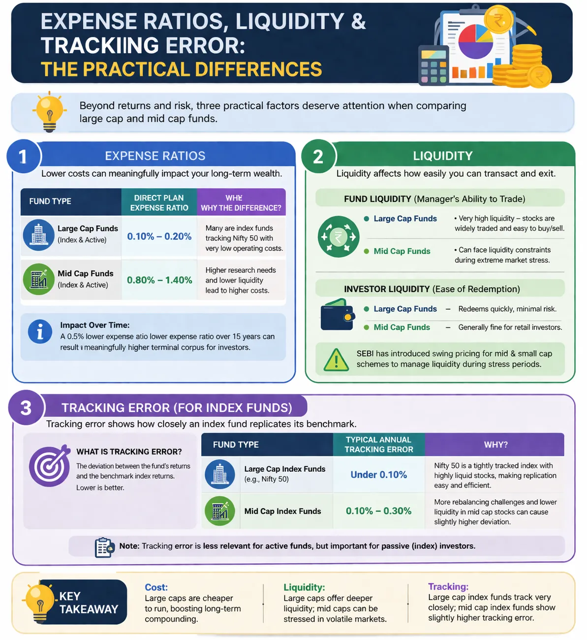 Infographic comparing large-cap and mid-cap funds on expense ratios, liquidity, and tracking error, showing cost differences, ease of trading, redemption factors, and index tracking efficiency.