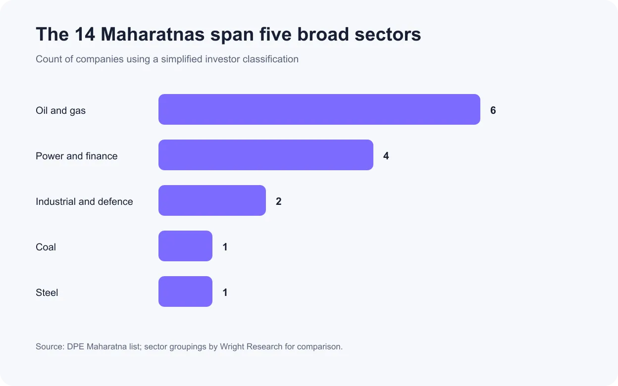 Bar chart grouping 14 Maharatna companies into oil and gas, power and finance, industrial and defence, coal and steel