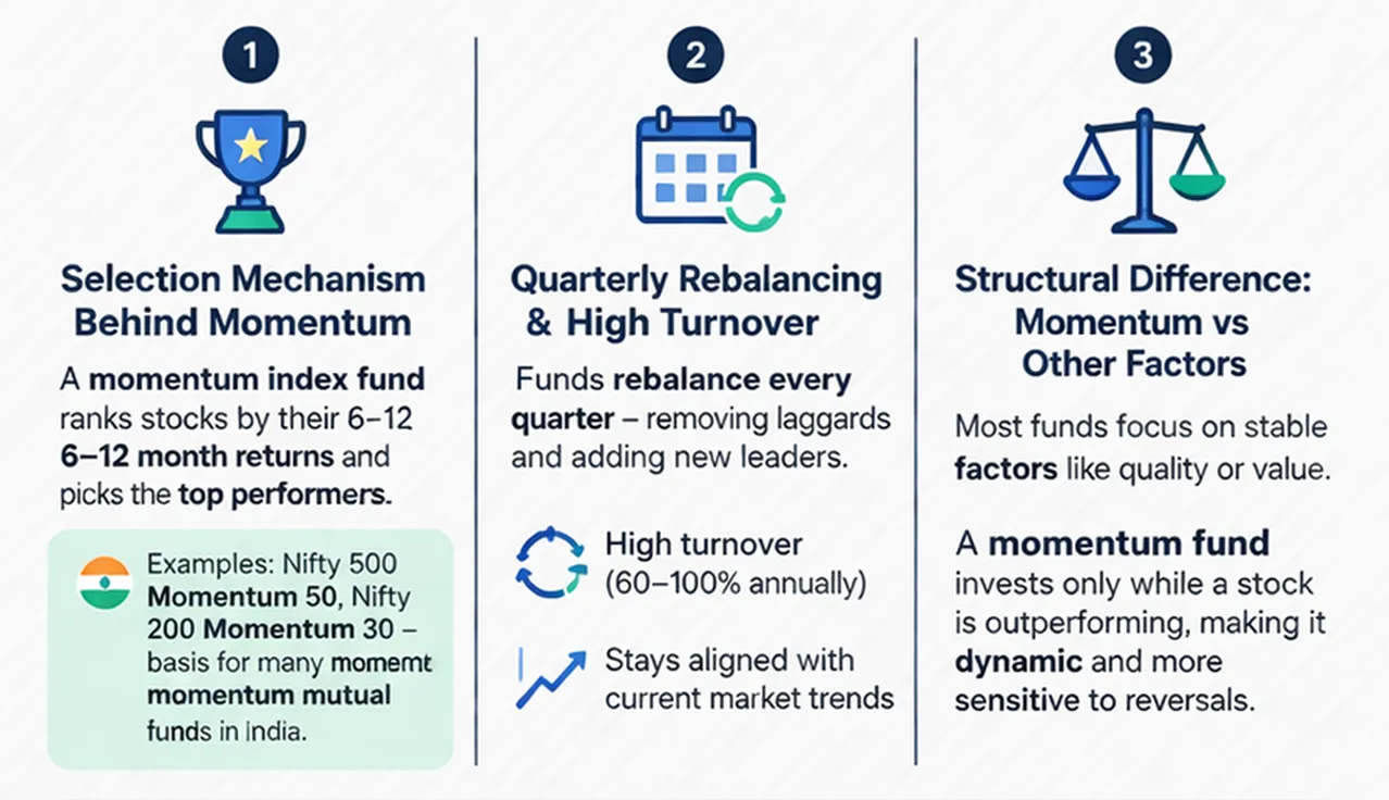 Infographic explaining momentum investing selection process, quarterly rebalancing, high turnover, and structural differences from other factors
