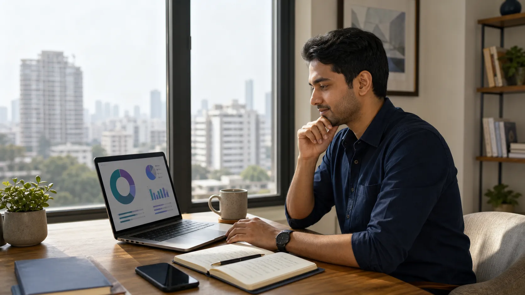 Young Indian professional reviewing a diversified mutual fund allocation at a home-office desk