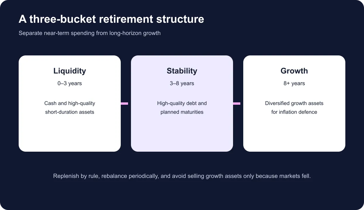 Three-bucket retirement strategy separating liquidity, stability and long-term growth assets
