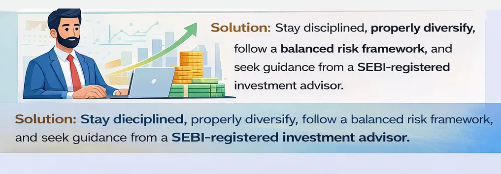 Illustration of a financial advisor emphasizing disciplined investing, diversification, and following a balanced risk framework with guidance from a SEBI-registered investment advisor.