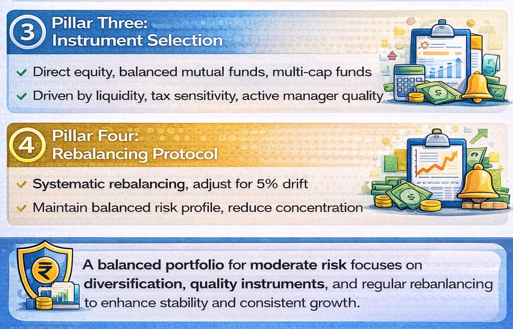 Visual guide explaining investment instrument selection, diversification, and systematic rebalancing to maintain a balanced risk profile and steady growth.