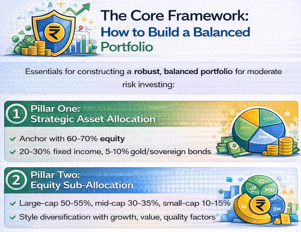 Illustration of a balanced portfolio framework showing strategic asset allocation and equity sub-allocation with equity, fixed income, and diversification breakdown.