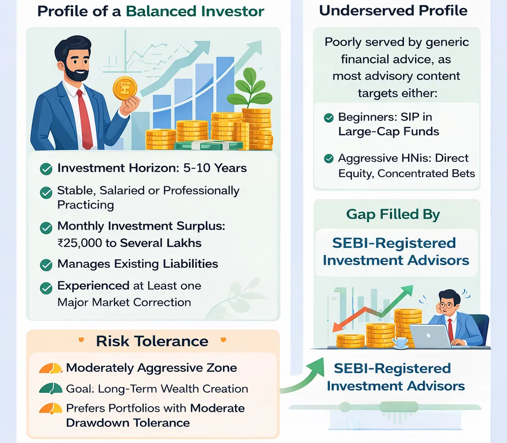 Infographic showing characteristics of a balanced investor, including investment horizon, income stability, surplus capacity, and moderate risk tolerance, along with the need for SEBI-registered investment advisors.