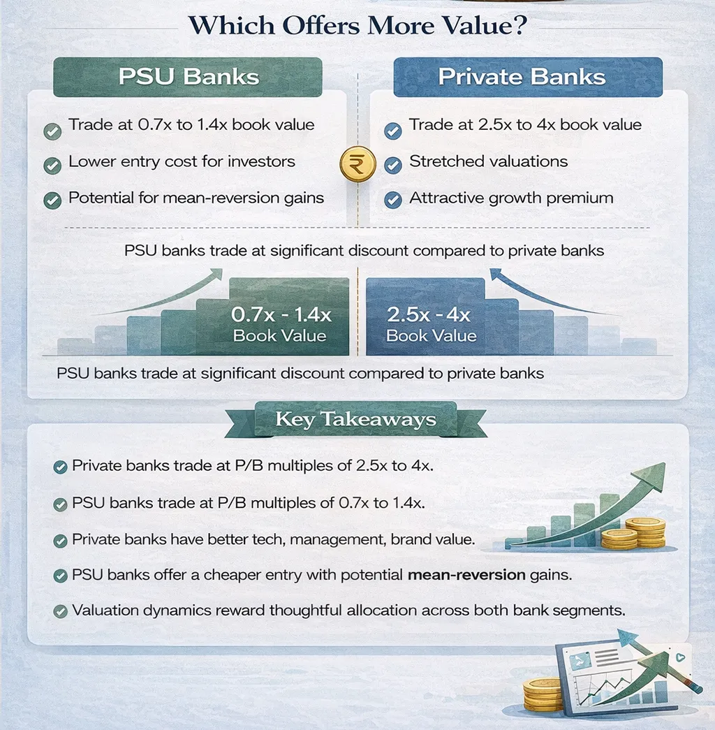 Comparison infographic showing PSU banks trading at lower price-to-book ratios than private banks, highlighting cheaper valuations and potential for mean reversion gains.