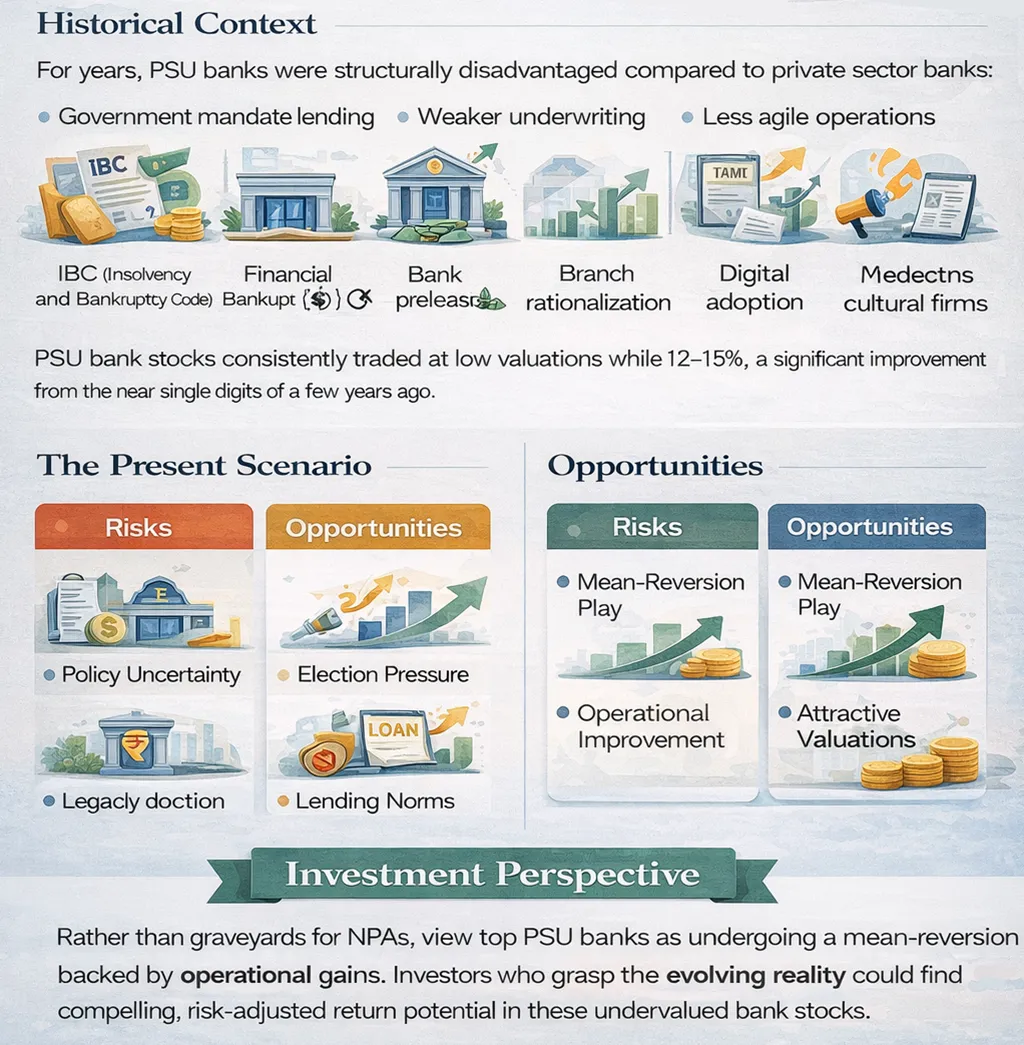 Infographic explaining the historical challenges of PSU banks, including weaker underwriting and policy mandates, along with current risks, opportunities, and investment perspective.