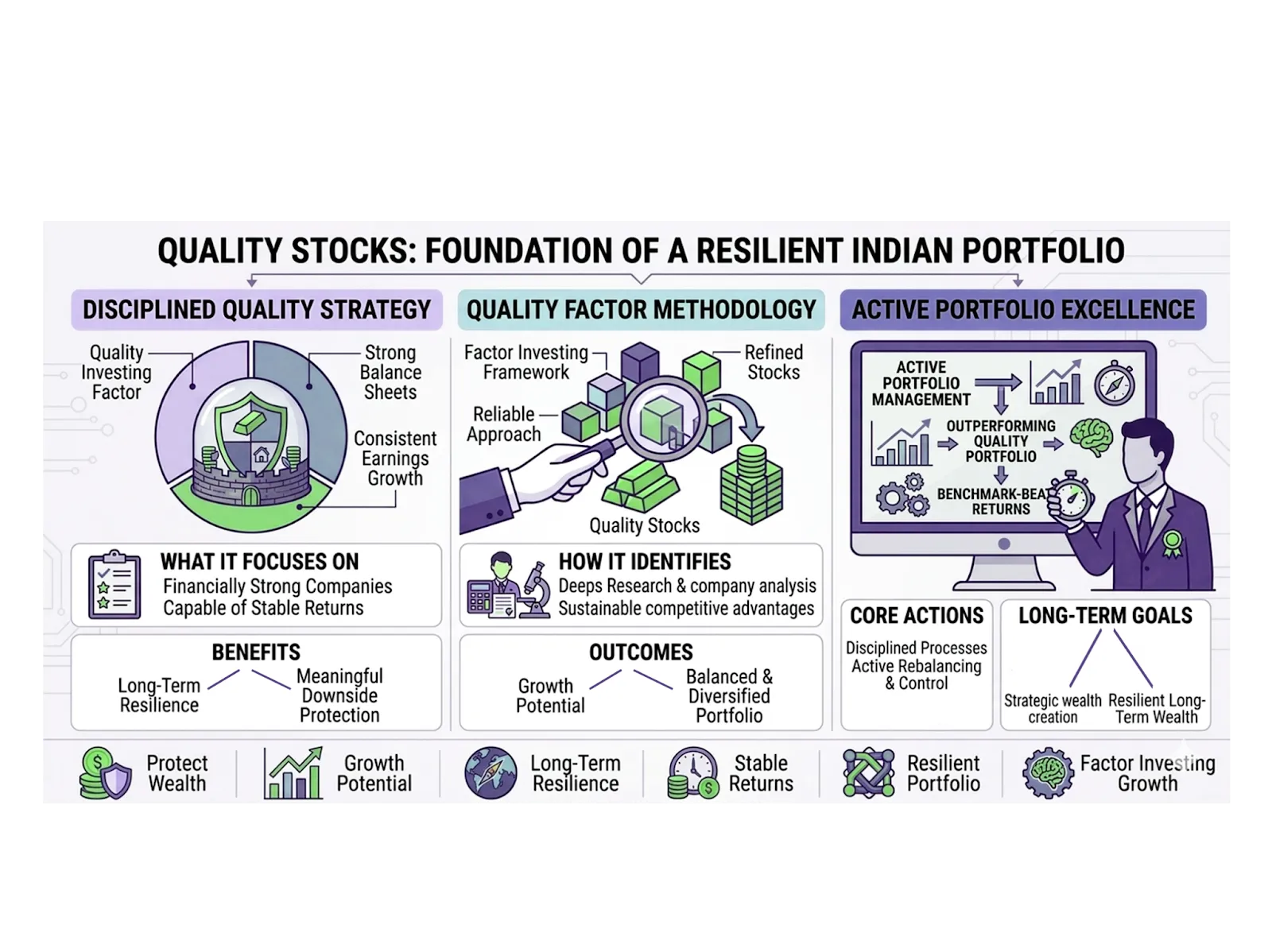 Infographic on quality stock investing showing disciplined quality strategy, factor methodology, and active portfolio management for benchmark-beating returns