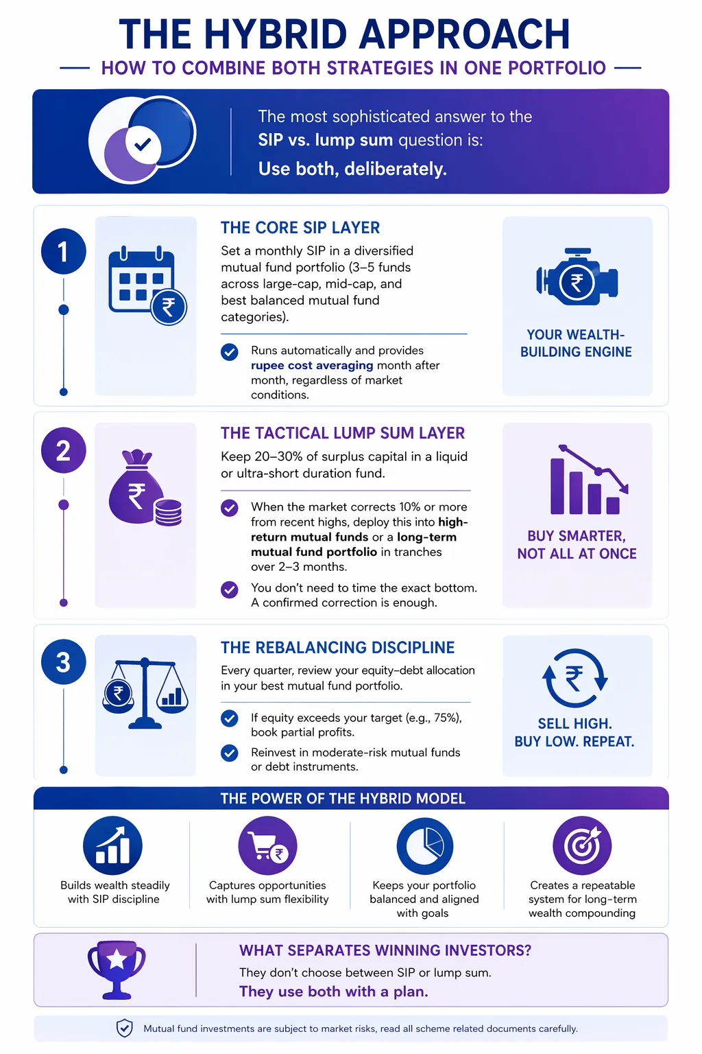 Infographic explaining a hybrid investment approach combining SIP and lump sum strategies, including core SIP layer, tactical lump sum deployment during market dips, and periodic portfolio rebalancing.
