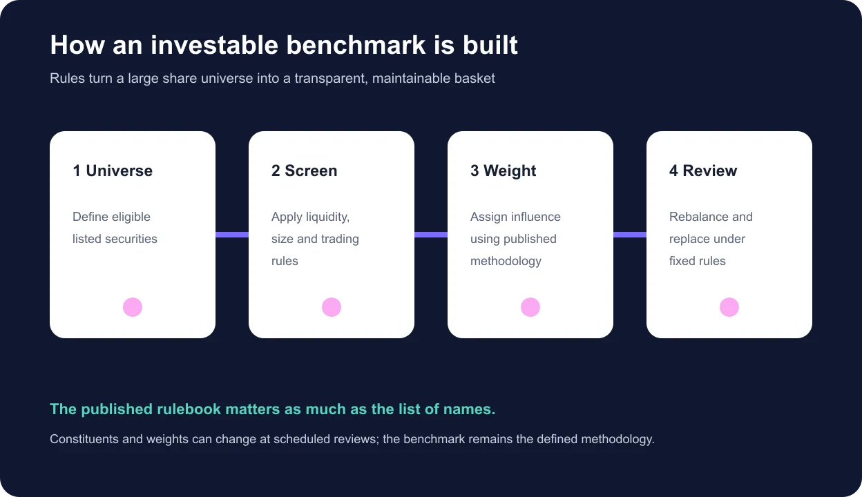 Four-stage index construction process from eligible universe to review