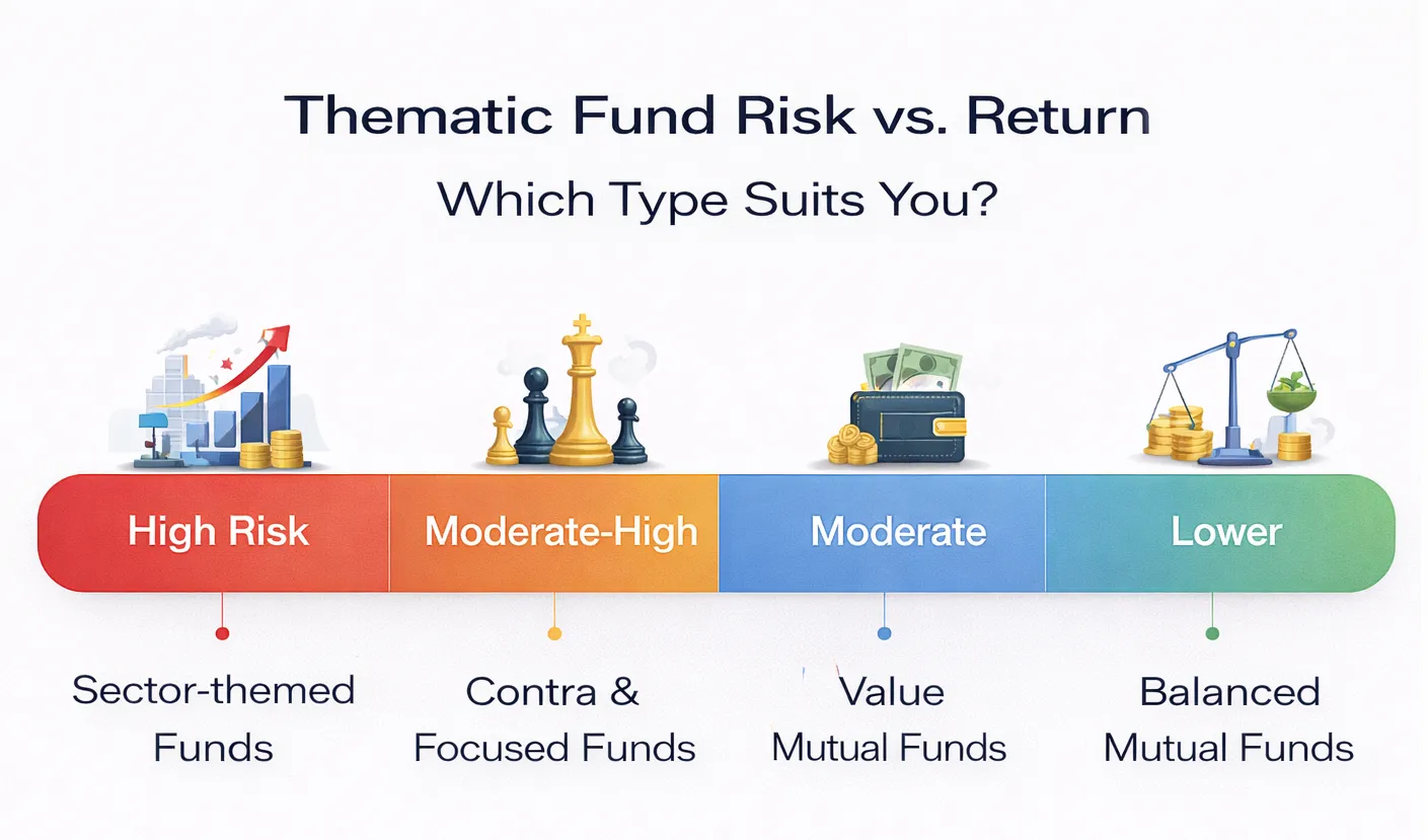 Infographic showing risk versus return levels for thematic mutual funds, ranging from high-risk sector-themed funds to moderate-high contra and focused funds, moderate value funds, and lower-risk balanced mutual funds.