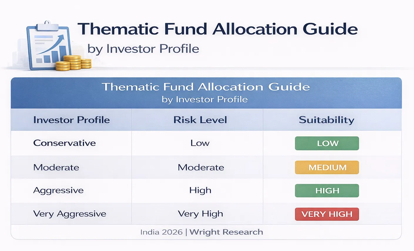 Thematic fund allocation guide by investor profile showing conservative, moderate, aggressive, and very aggressive categories with corresponding risk levels and suitability indicators.