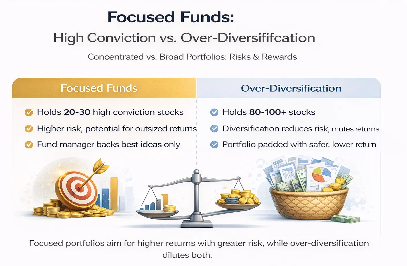 Focused funds vs over-diversification comparison showing concentrated portfolios (20–30 stocks) vs diversified portfolios (80–100+ stocks), highlighting risk, returns, and investment strategy differences.