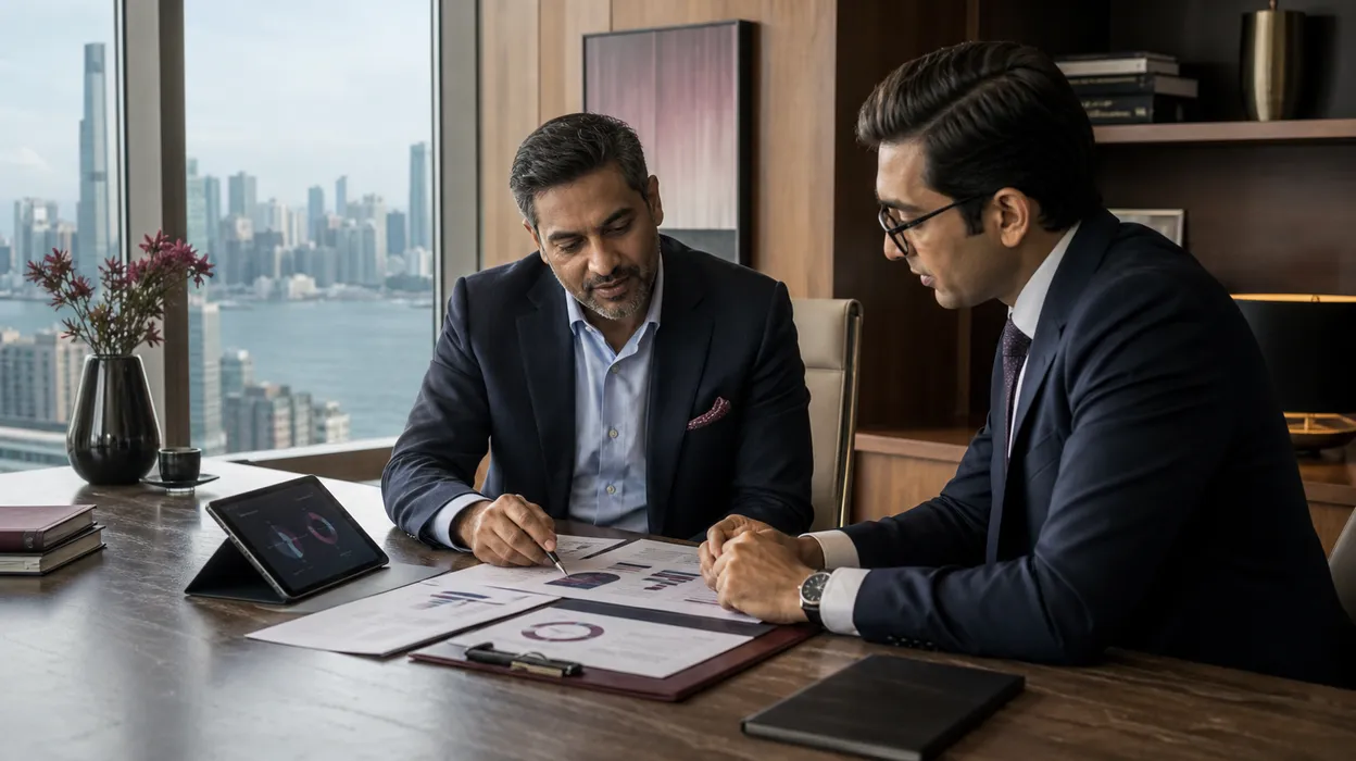 Indian high-net-worth investor reviewing an alternative-assets portfolio with an investment specialist