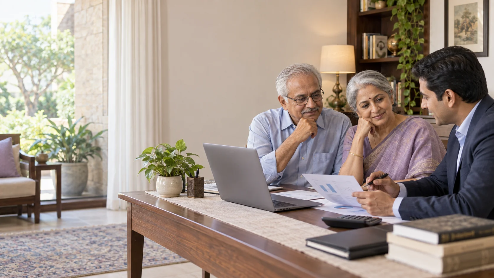 Retired Indian couple reviewing a retirement income plan