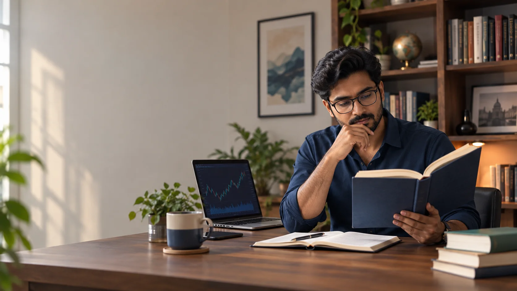 Indian investor reading and researching financial markets