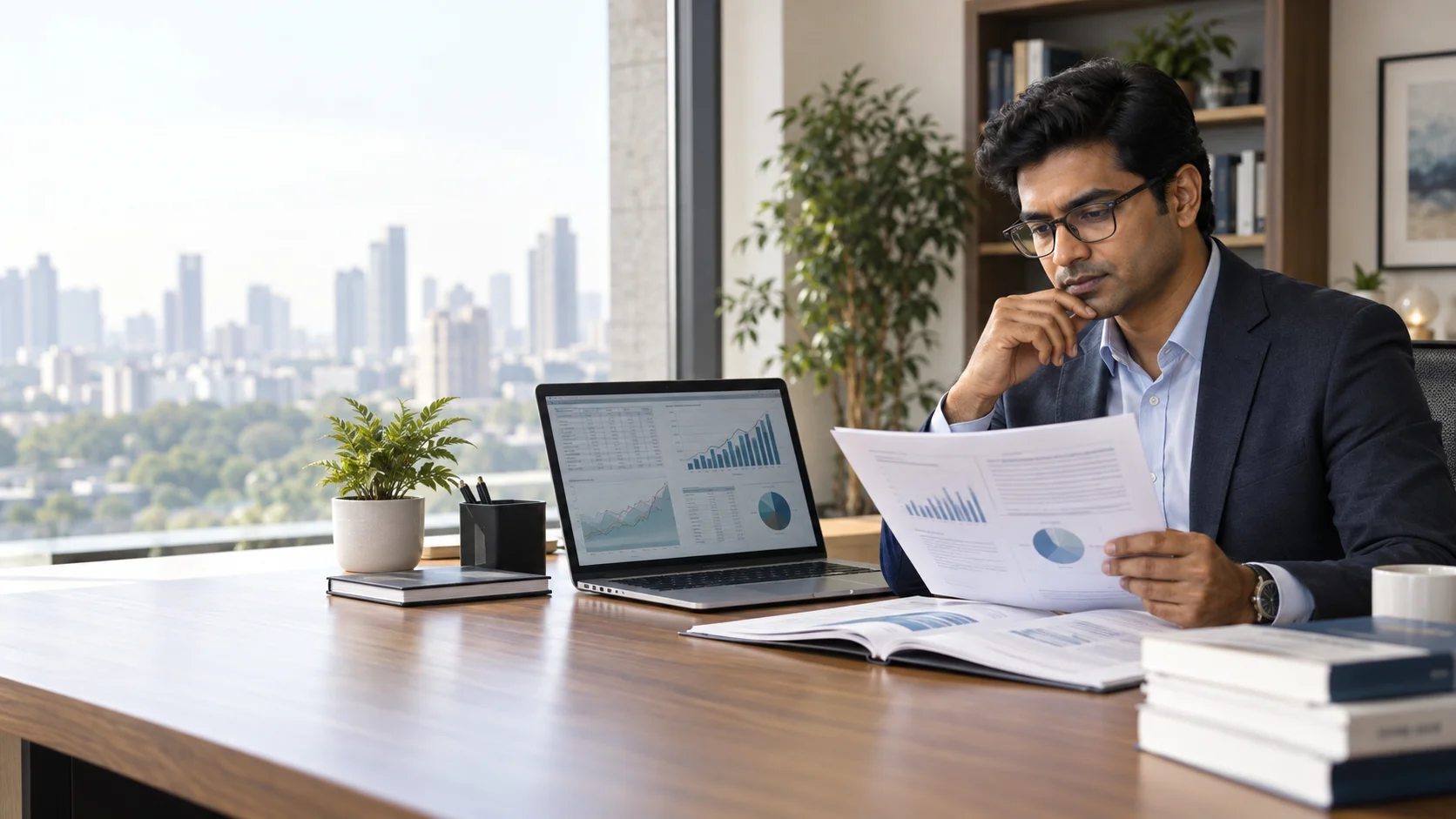 Indian equity analyst reviewing stock valuation models