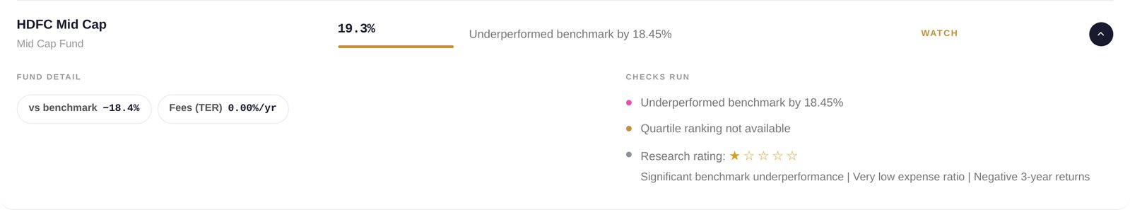 An expanded fund row showing fund detail, checks and the star rating